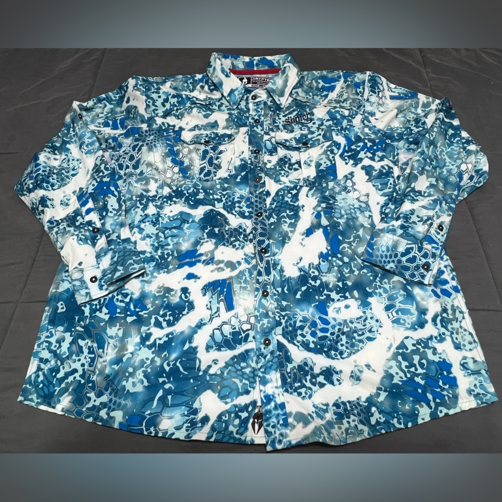 Kryptek Men's Obskura x Shiner Beer Button Long Sleeve Blue Camo Fishing Shirt L